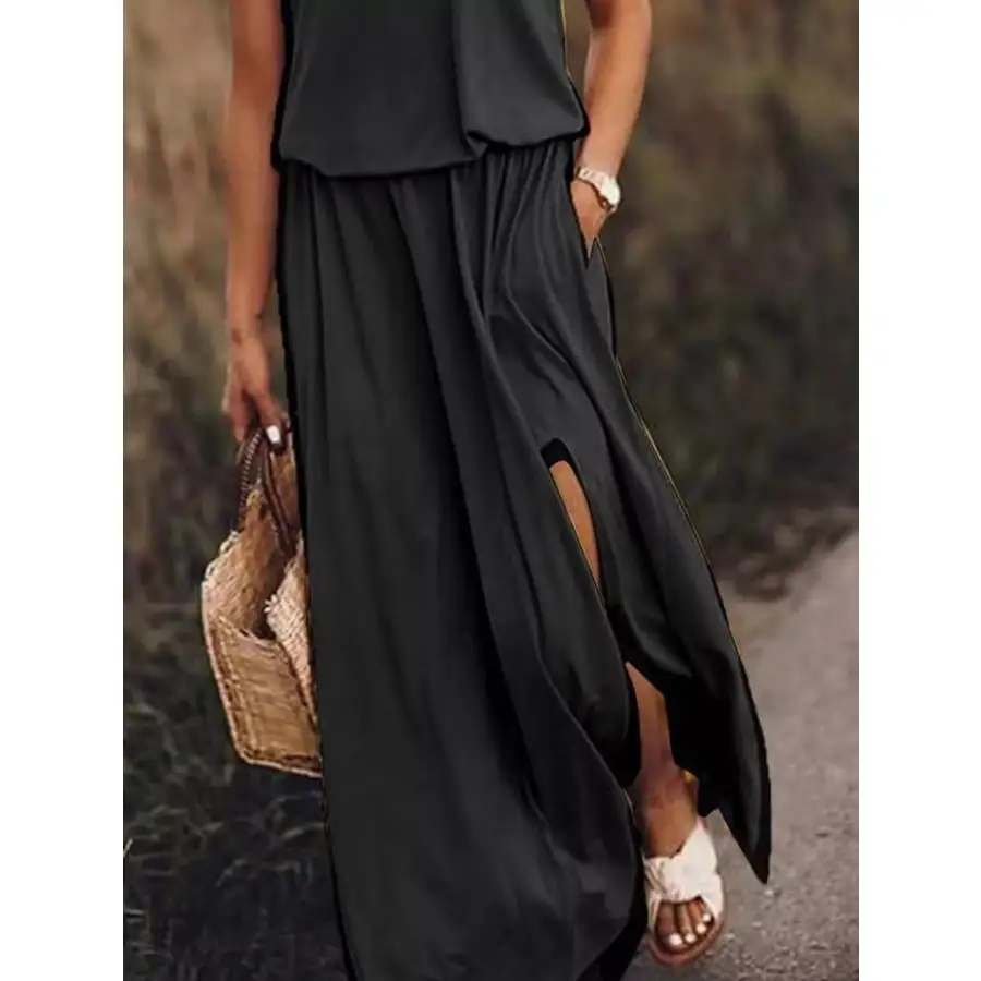 Full Size Round Neck Sleeveless Slit Maxi Dress Plus Size