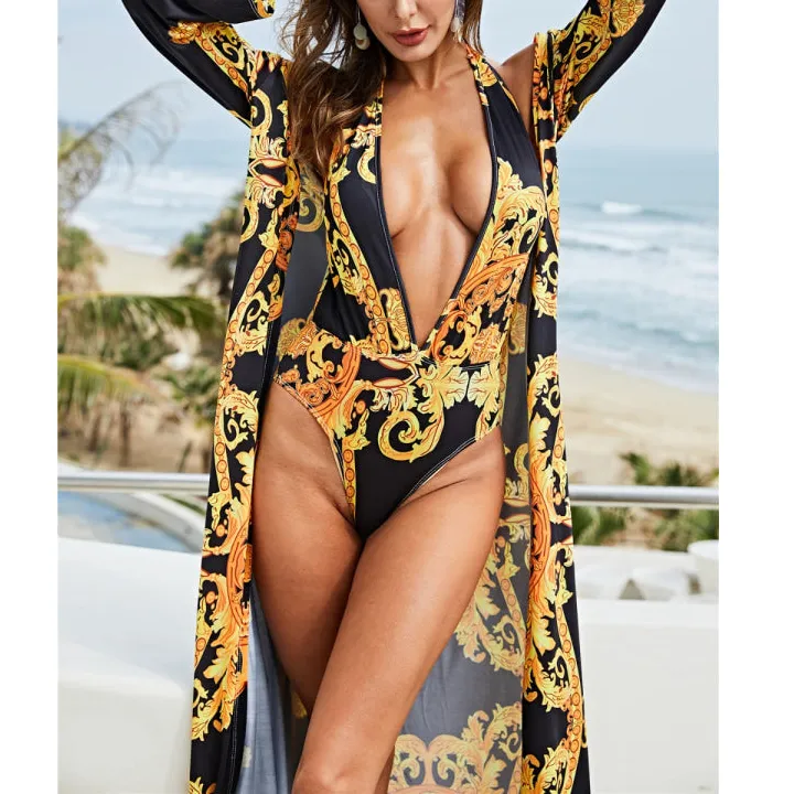 Women's Plunge-Neck Printed Swimsuit Cover-Up Set