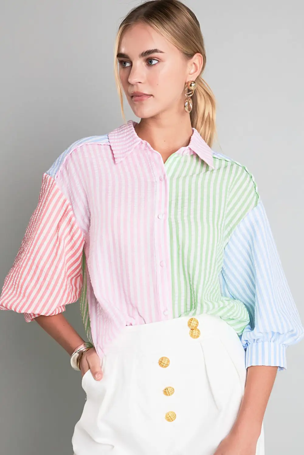 Button Front Striped Button Front Blouse