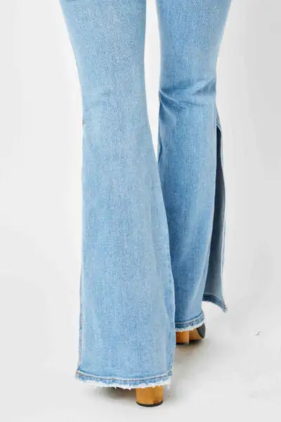 Mid Rise Raw Hem Slit Flared Denim Jeans