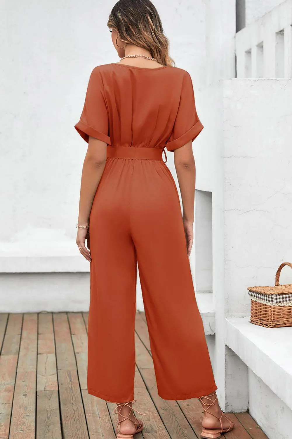 Tie Waist Surplice Wide Leg Jumpsuit