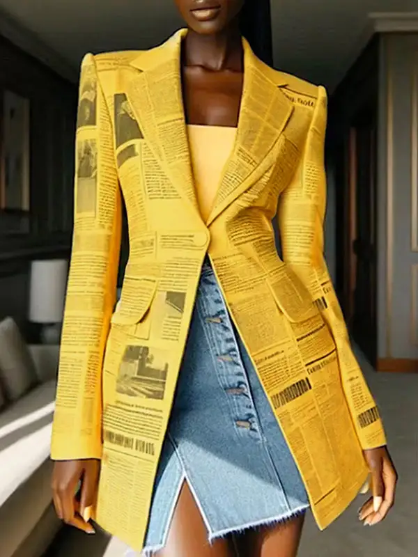 Long Sleeve Newspaper Print Split Lapel Blazer