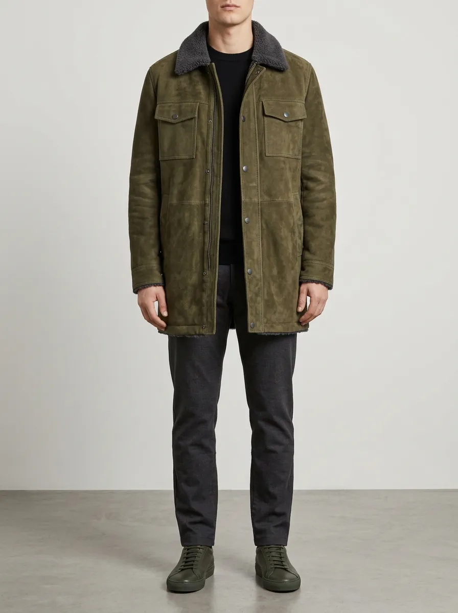 Men's Field Jacket with Olive Suede-Texture Finish and Fleece Lined Interior