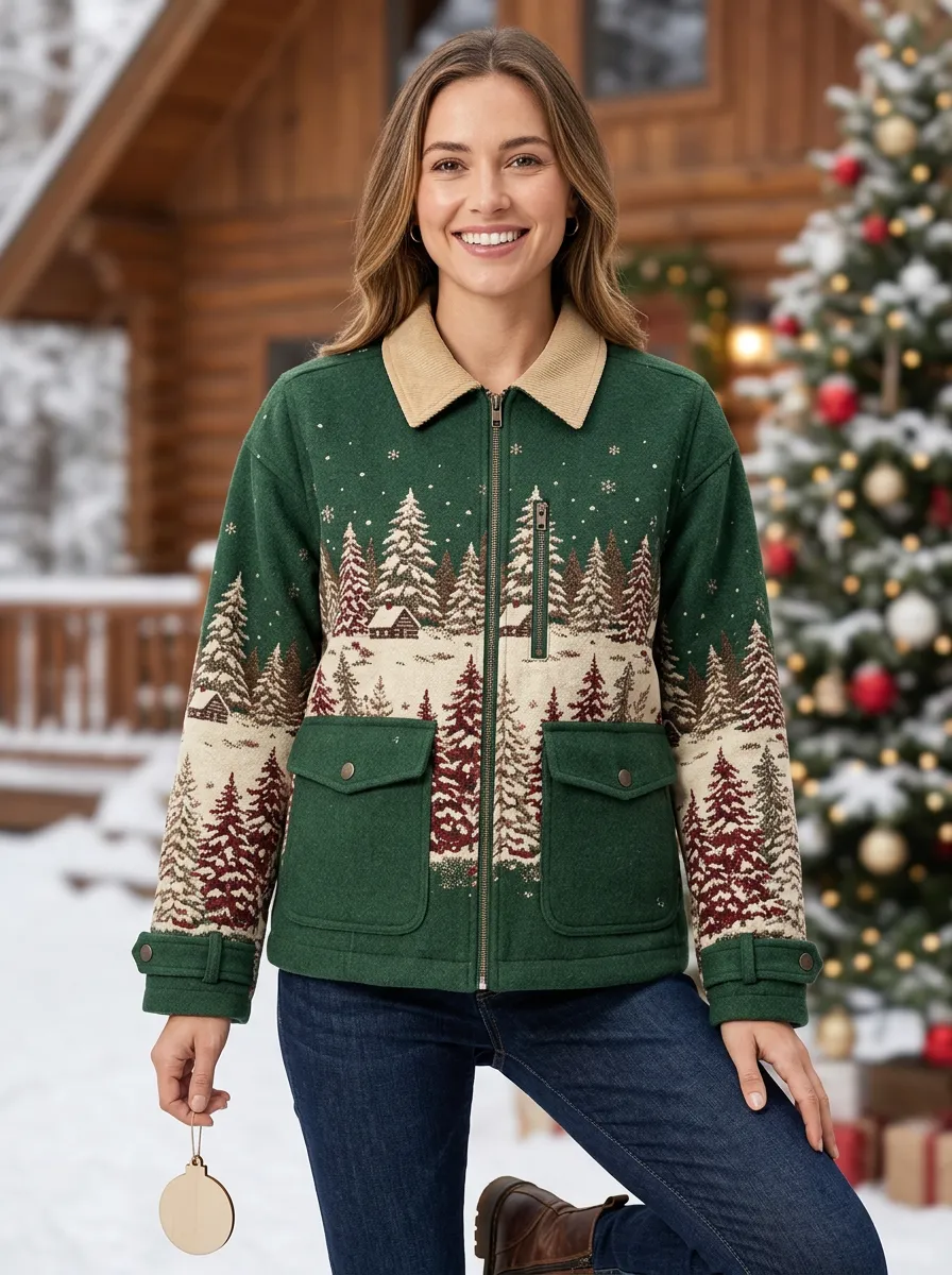 Christmas Holiday Pine Tree Cabin Print Jacket