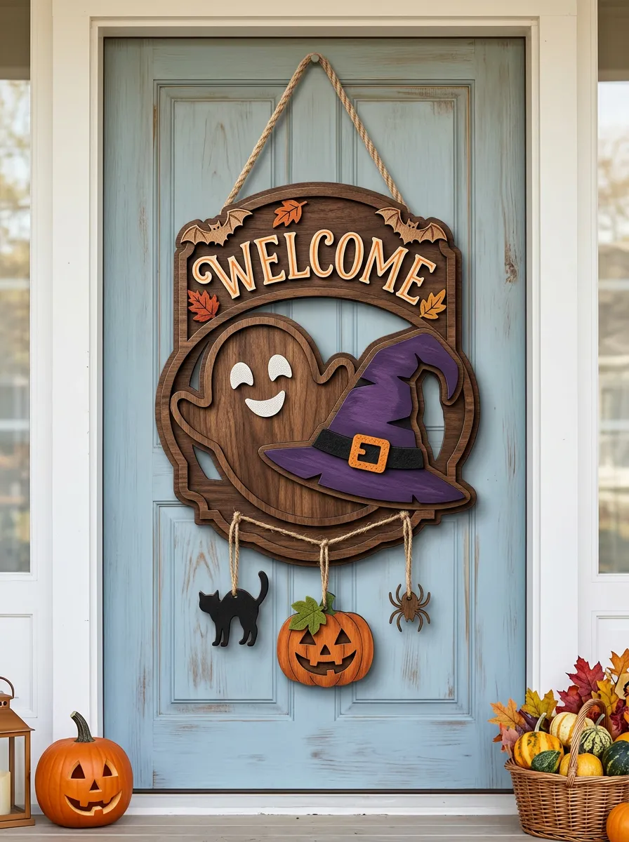 Halloween Ghost Witch Hat Pumpkin Wooden Door Hanger