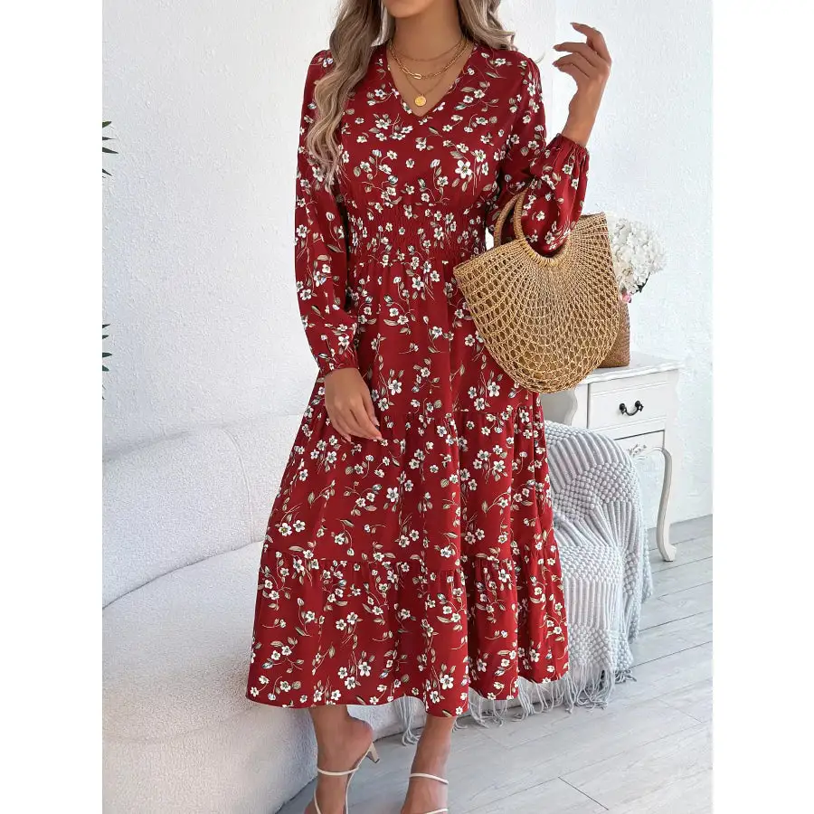Long Sleeve V-Neck Midi Dress