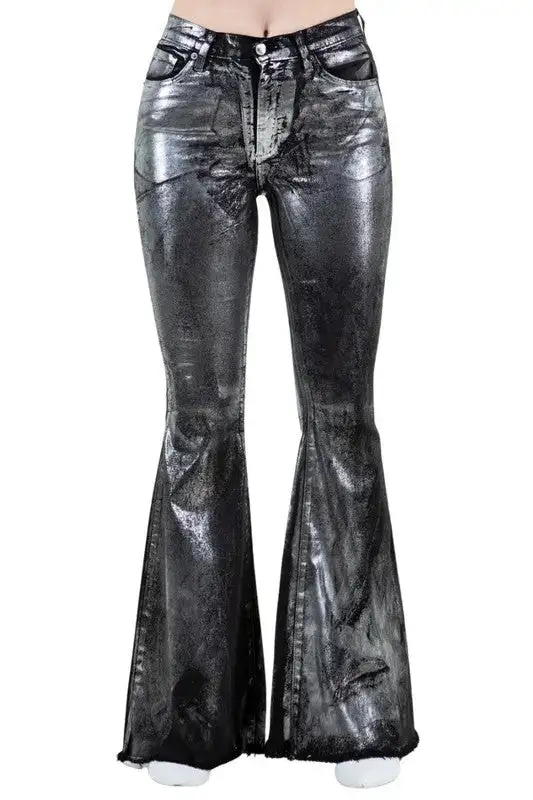 High Rise Bell Bottom Western Style Frayed Hem Denim Jeans
