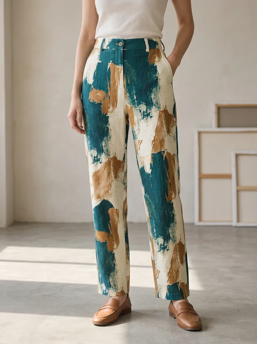 Women's Relaxed Abstract Art Teal Brown Brushstroke Printed Pants