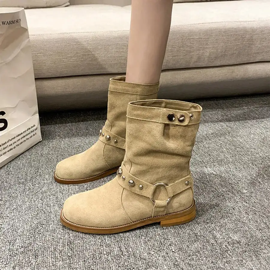 Studded Suede Mid Calf Harness Boots