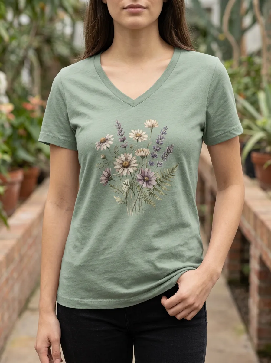 Women's Botanical Nature Lover Wildflower Lavender Printed V-Neck T-Shirt