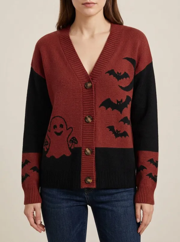 Women's Halloween Ghost Bat Pattern Knitted Cardigan