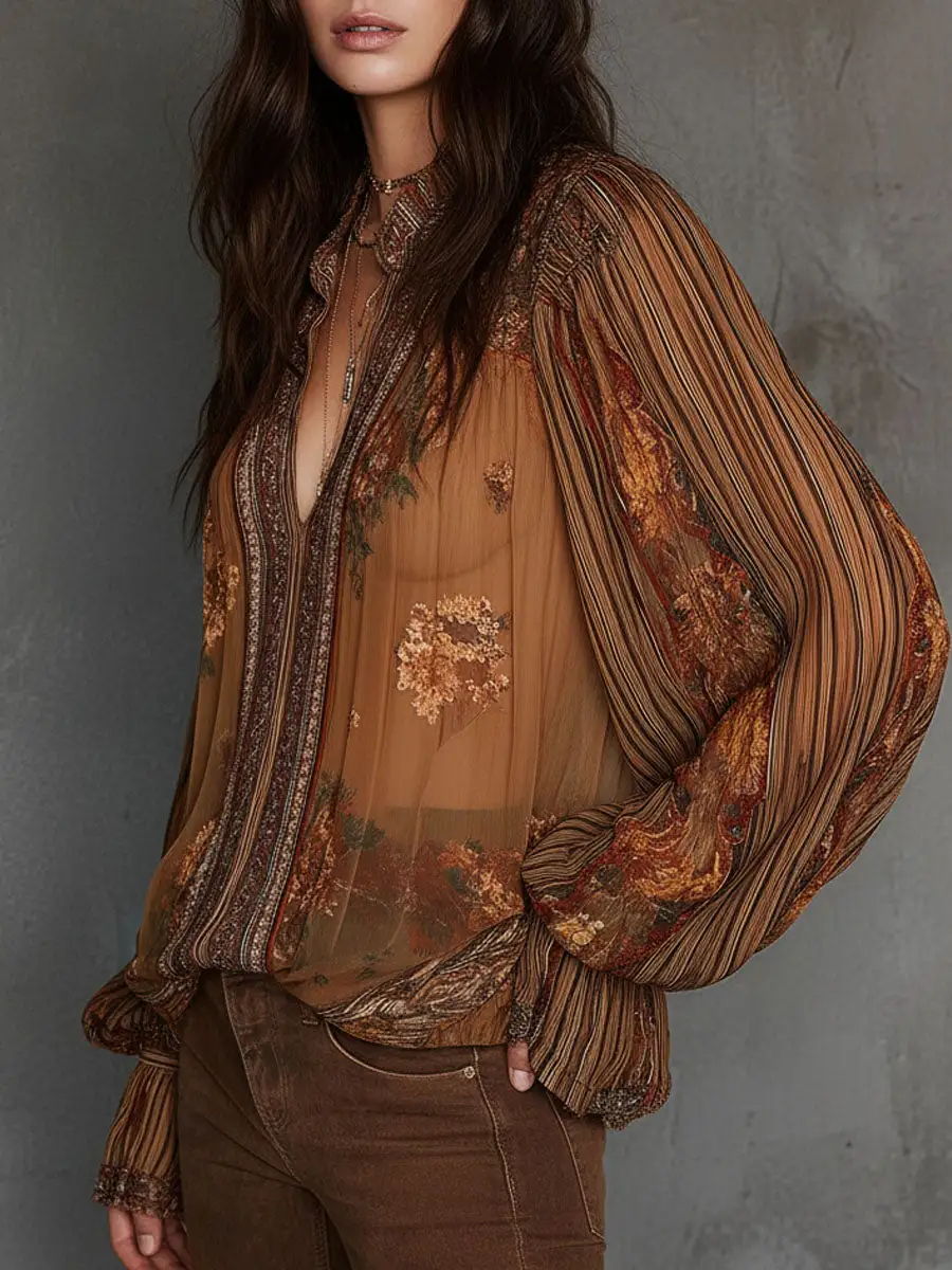 Vintage Boho Sheer Floral Blouse With Billowy Sleeves