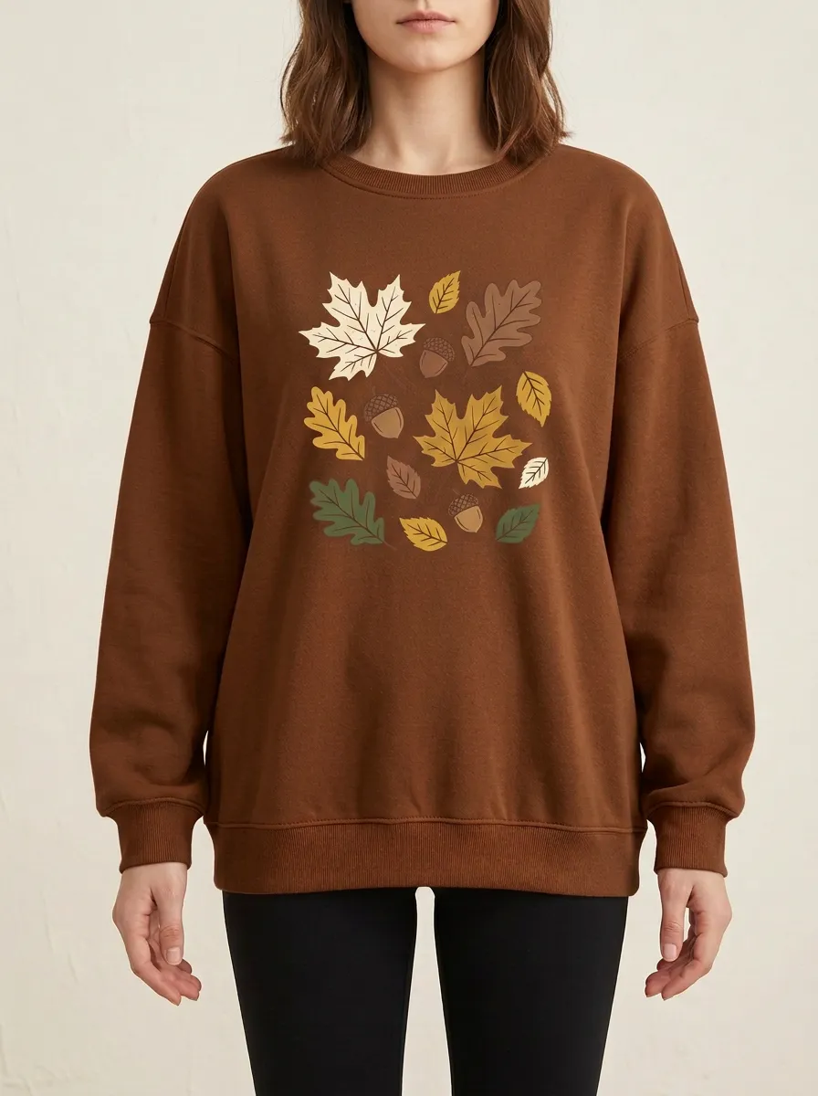 Textured Look Maple-Leaf Printed Acorn Graphic Sweatshirt