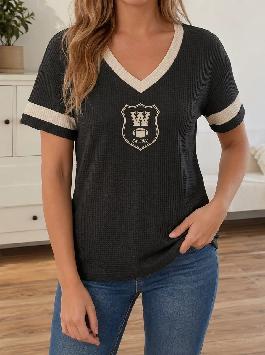 Women's Football Lover W Shield Printed Waffle Knit Top