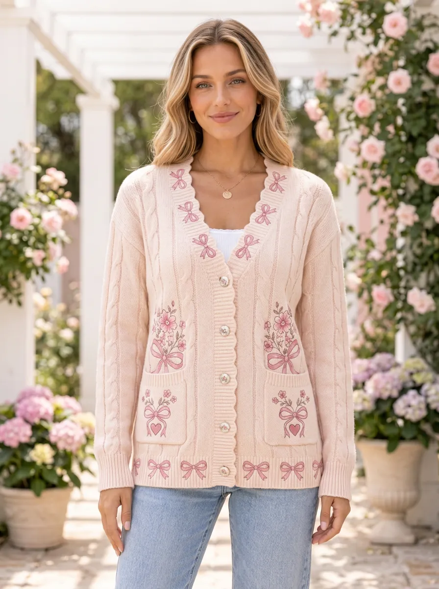 Women's Delicate Floral Coquette Ribbon Bow Printed Cardigan