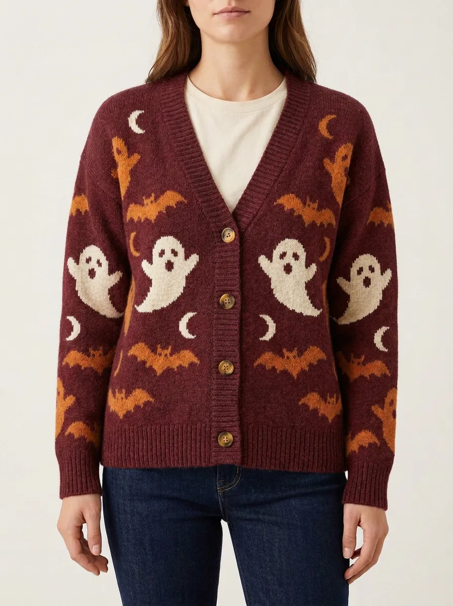 Women's Ghost Bat Moon Halloween Knit Cardigan