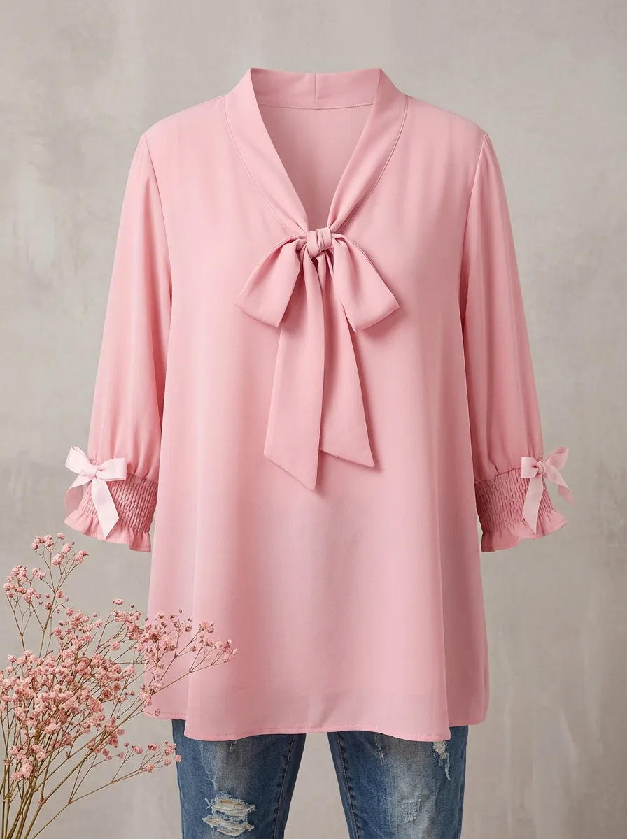 Women's V-neck Tie-neck Smocked Cuff Blouse
