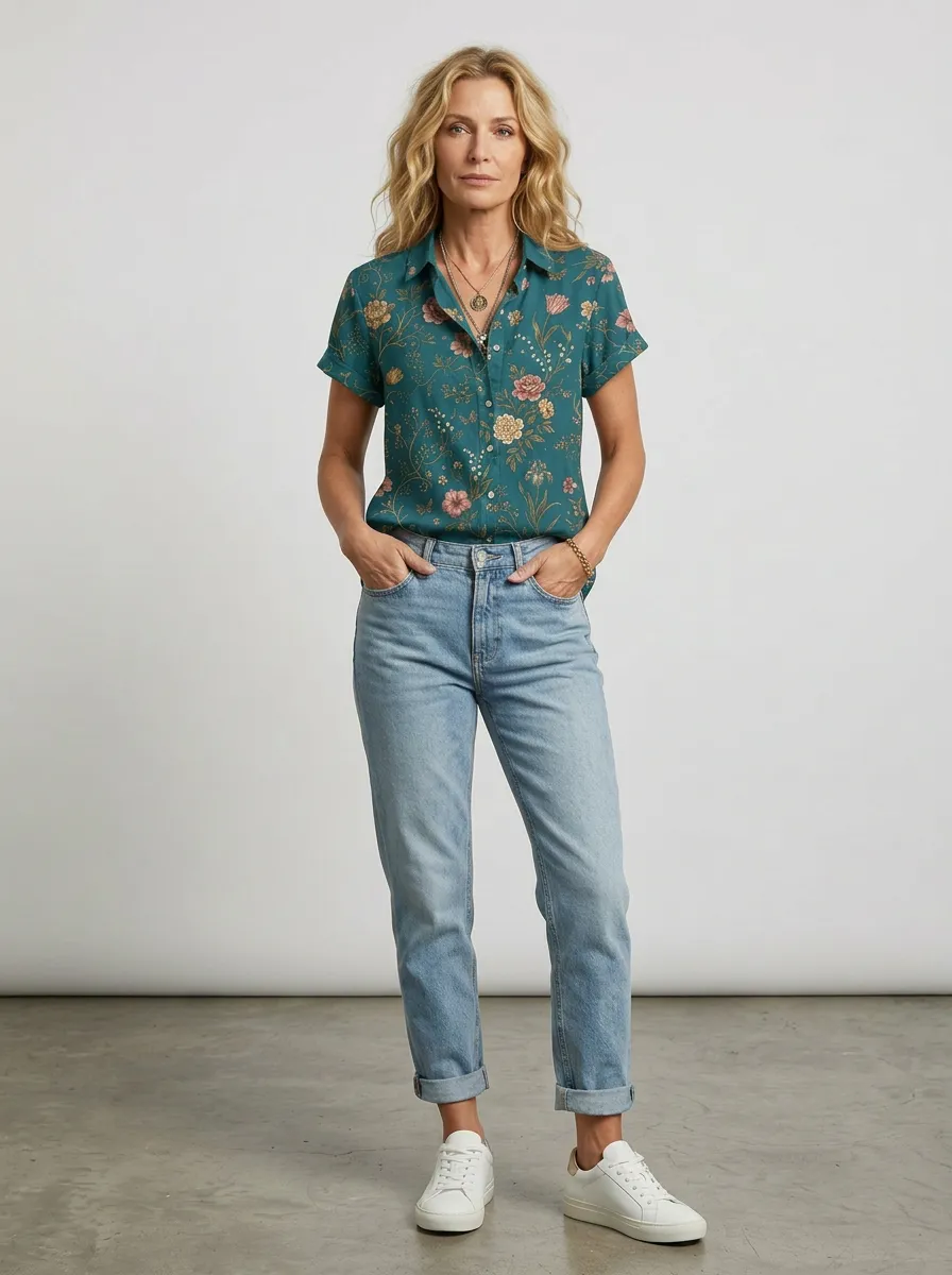 Women's Botanical Floral Vintage Garden Printed Short Sleeve Shirt
