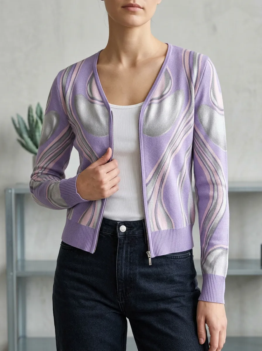Women's Abstract Swirl Pattern Printed Ribbed Trim Relaxed Layering Cardigan