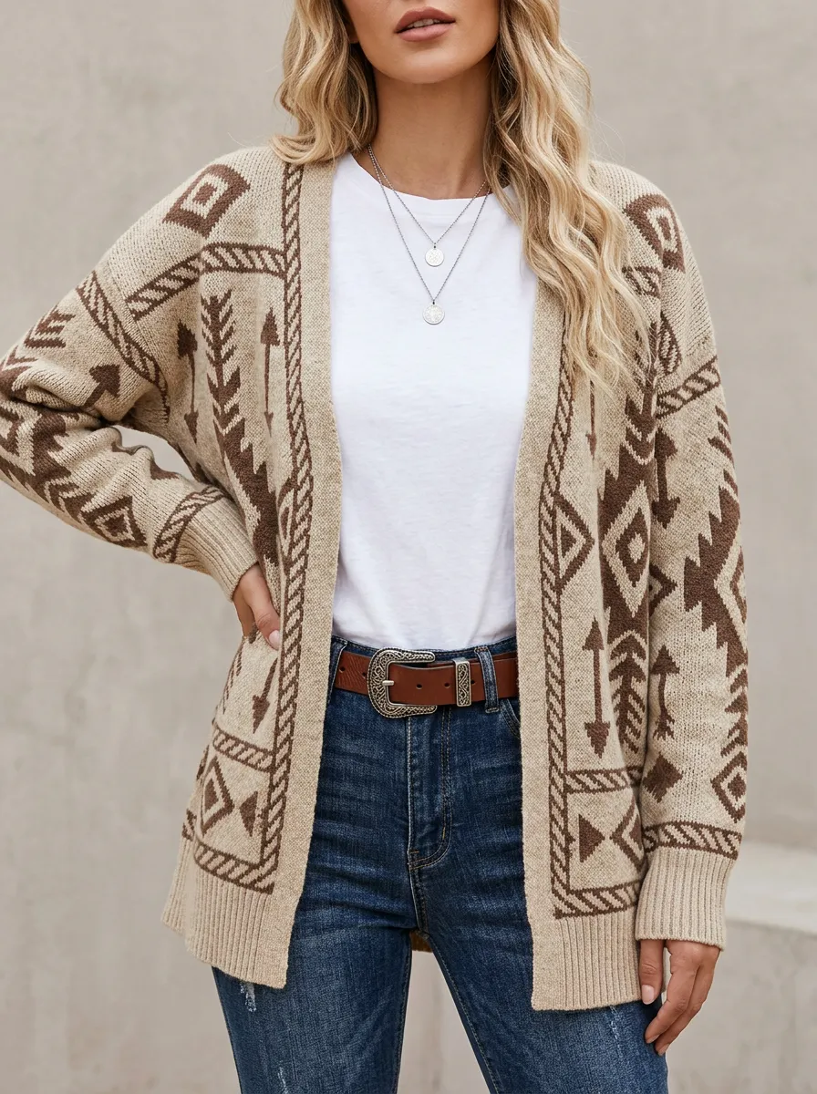 Women's Western Style Geometric Arrow Pattern Knitted Cardigan