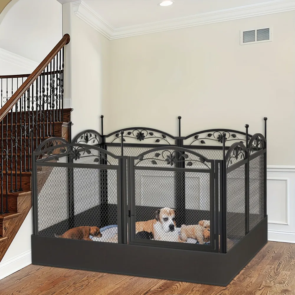 Decorative Metal Dog Playpen with Scroll Design, Pet Enclosure for Indoor Puppy and Dog Management