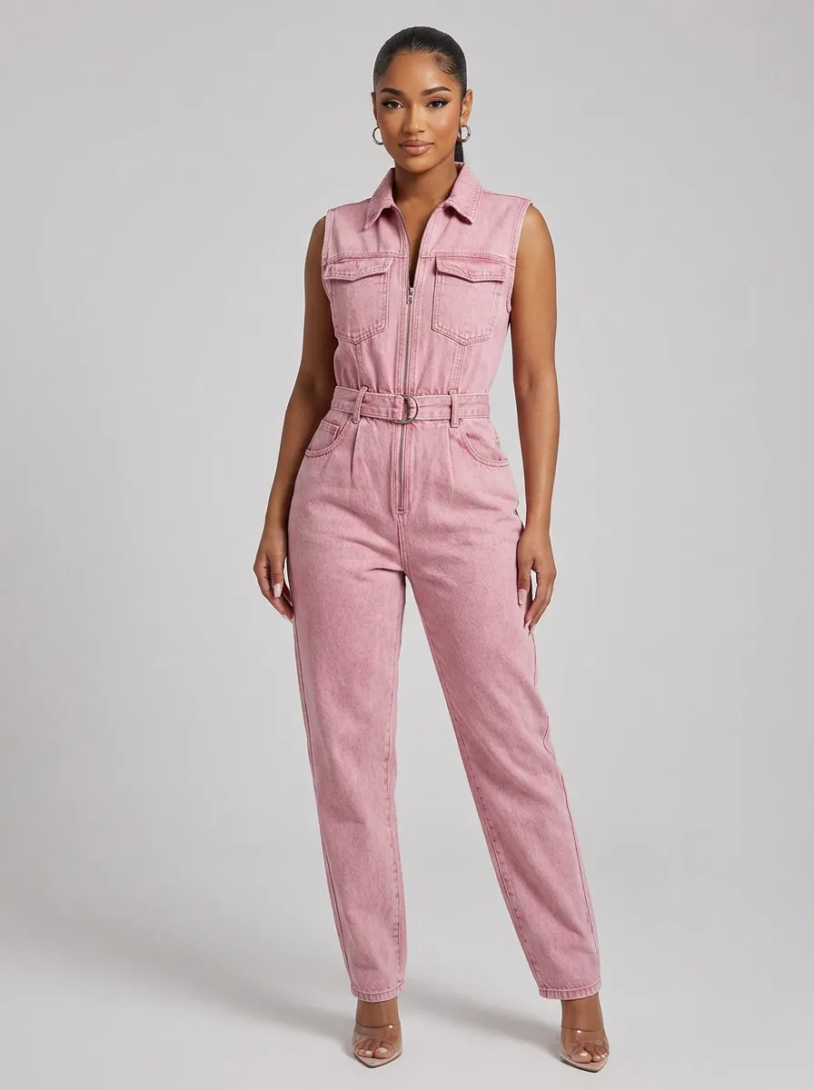 Pink Versatile Sleeveless Zip-Front Denim Jumpsuit