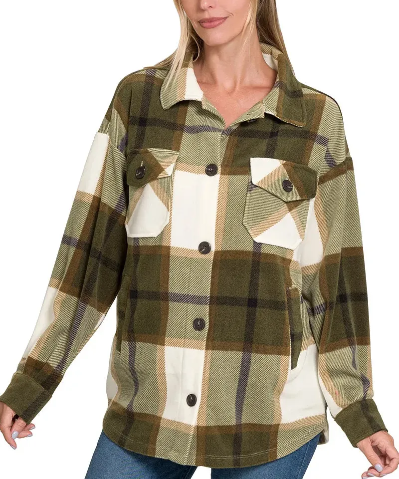 Collared Fleece Plaid Pocketed Jacket