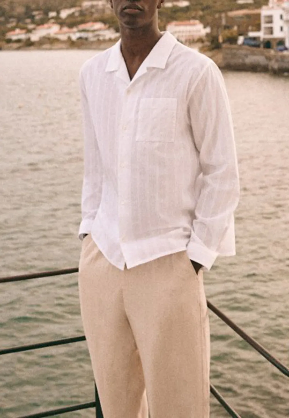 White Linen Blend Relaxed Fit Camp Collar Shirt