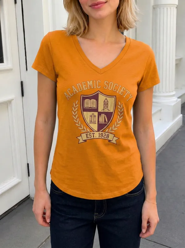 Women's Academic Society Student Crest Printed V-neck T-shirt