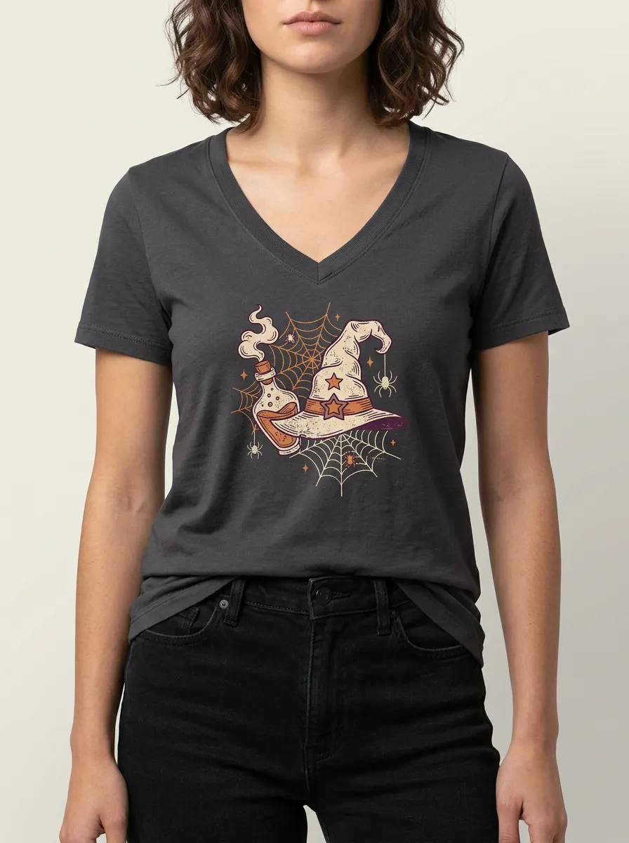 Women's Halloween Witch Hat Potion Spiderweb Printed V-neck T-shirt
