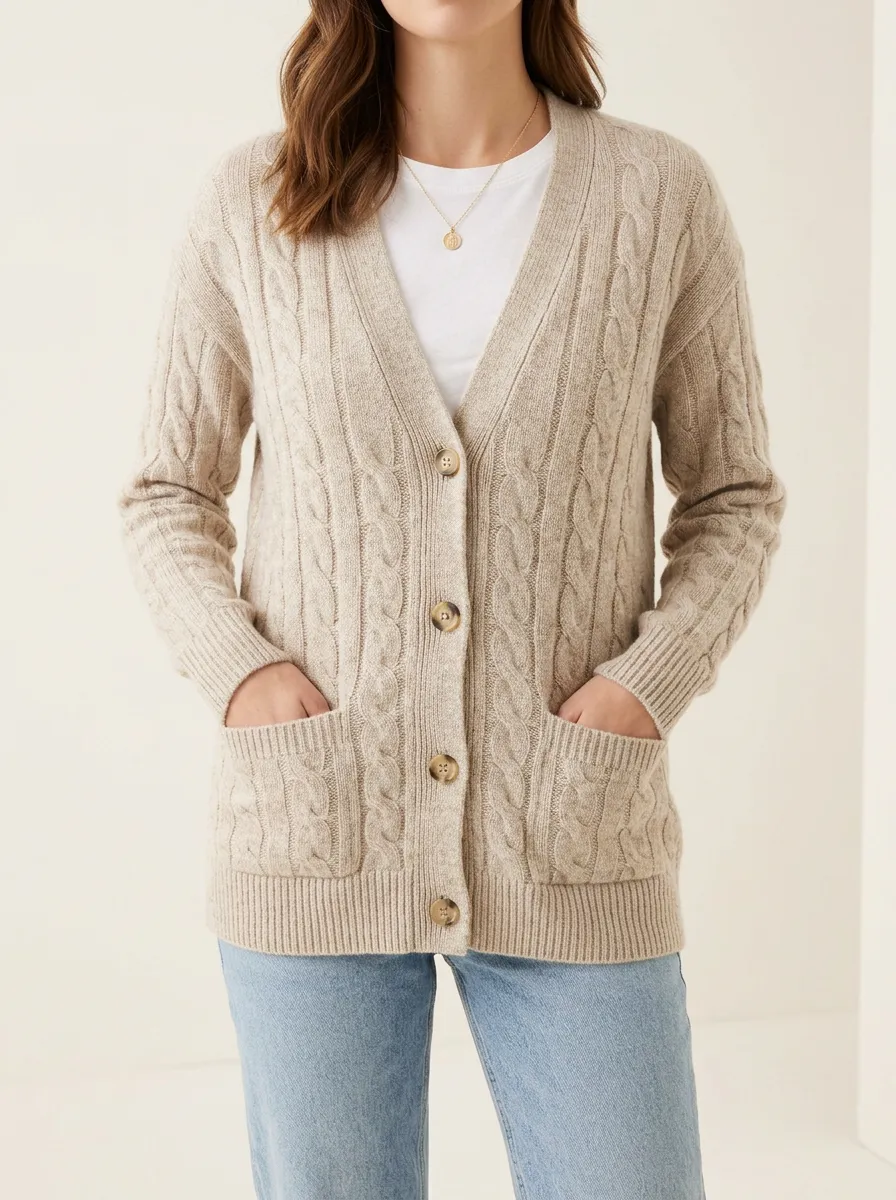 Women's Modern Layered Cable Knit Button Front V Neck Cardigan