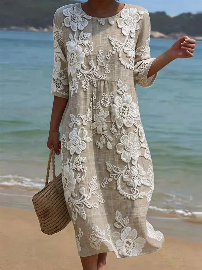 Women's Casual Round Neck Mid Sleeve Print Cotton and Linen Dress