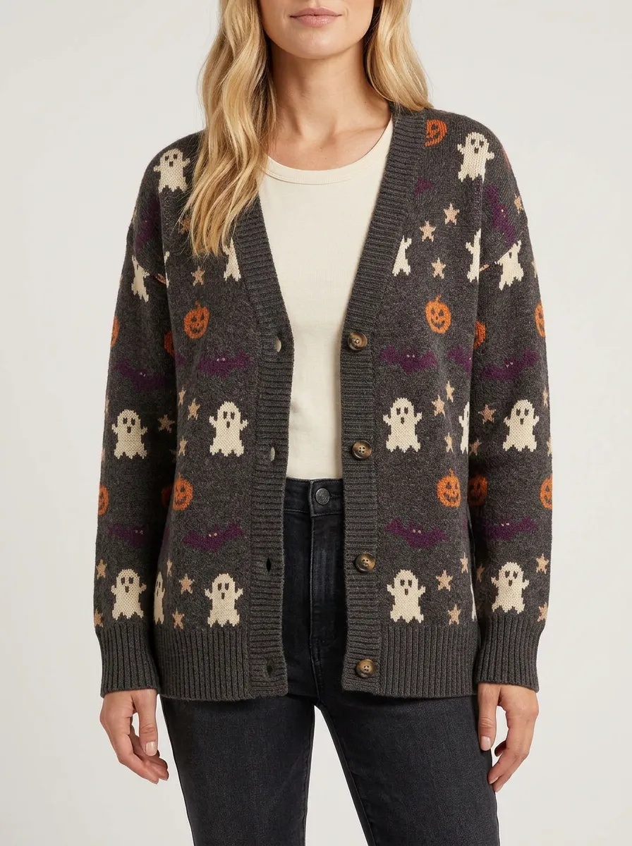 Women's Halloween Ghost Pumpkin Bat Pattern Knitted Cardigan