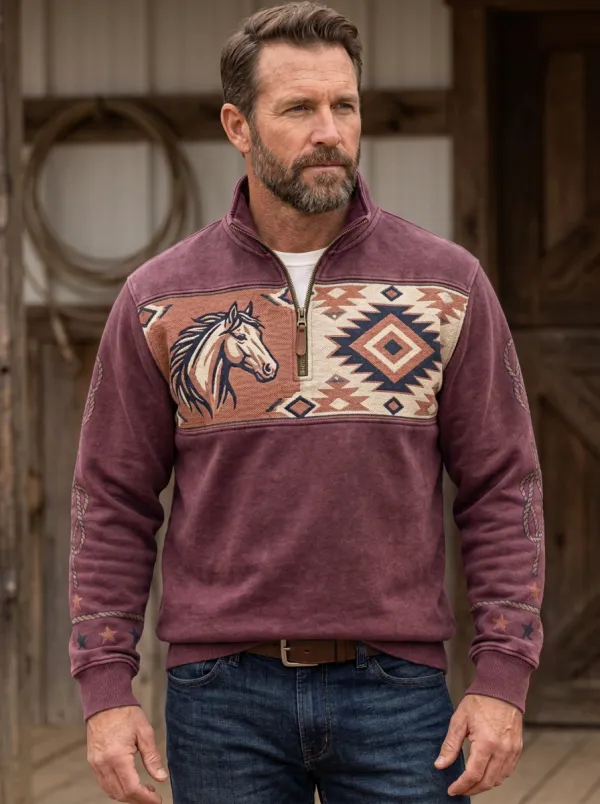 Men's Western Horse Southwestern Half-Zip Sweatshirt