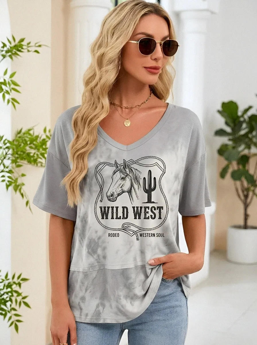 Women's Wild West Rodeo Horse Cactus Printed V-neck T-shirt