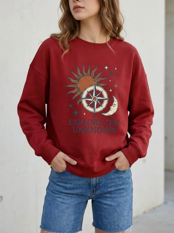 Women's Adventure Compass Sun Moon Printed Sweatshirt