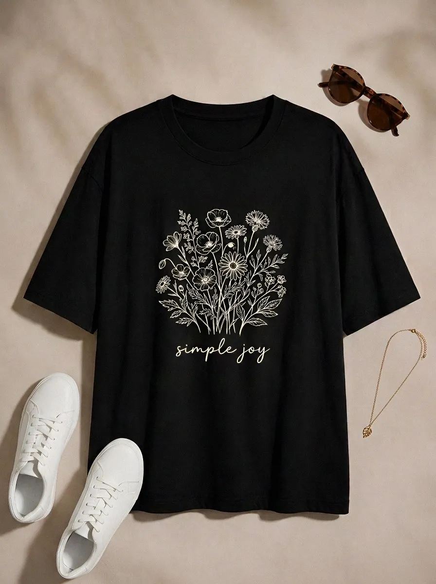 Women's Simple Joy Floral Bouquet Line Art Printed T-shirt