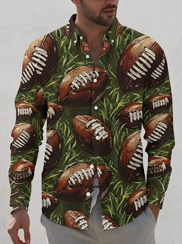 Men's Heritage American Football Lover Grass Pattern Printed Button-up Shirt