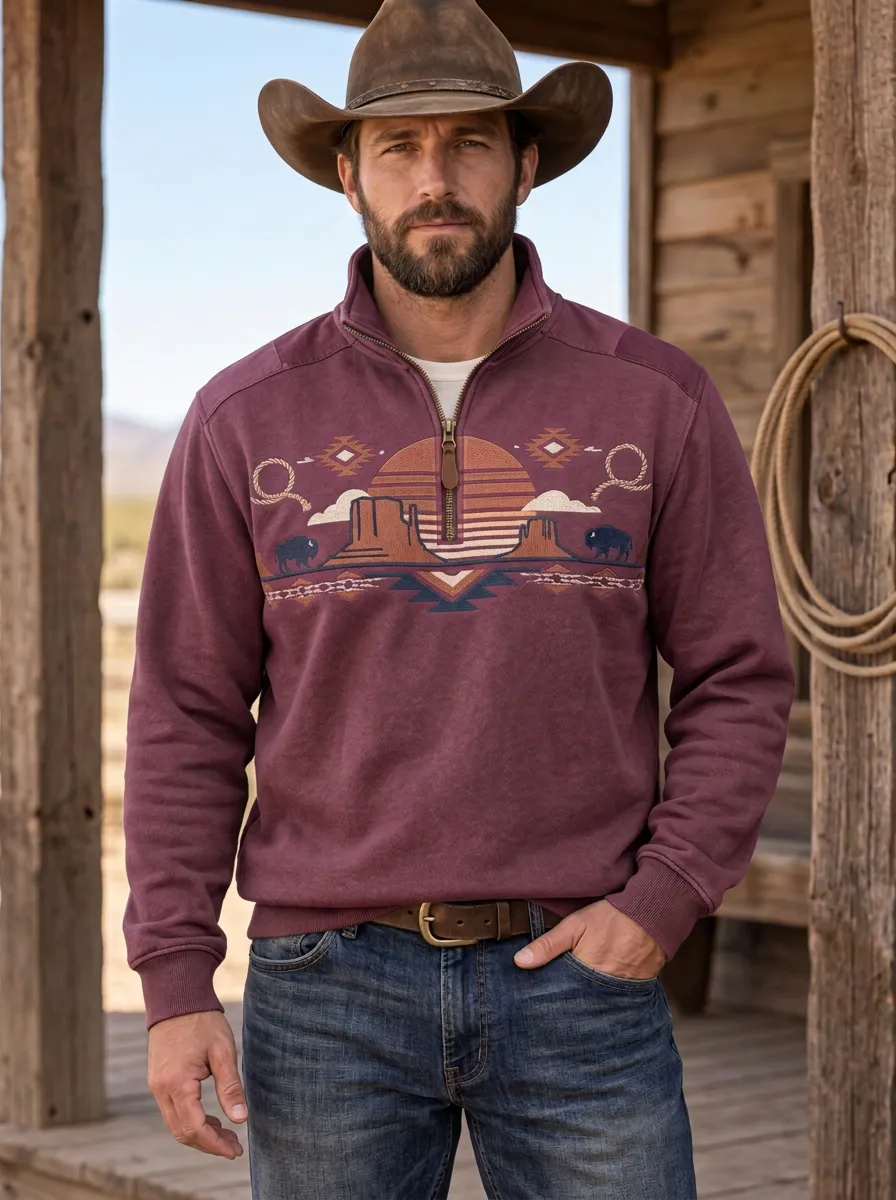 Men's Western Cowboy Sunset Sun Half-Zip Sweatshirt