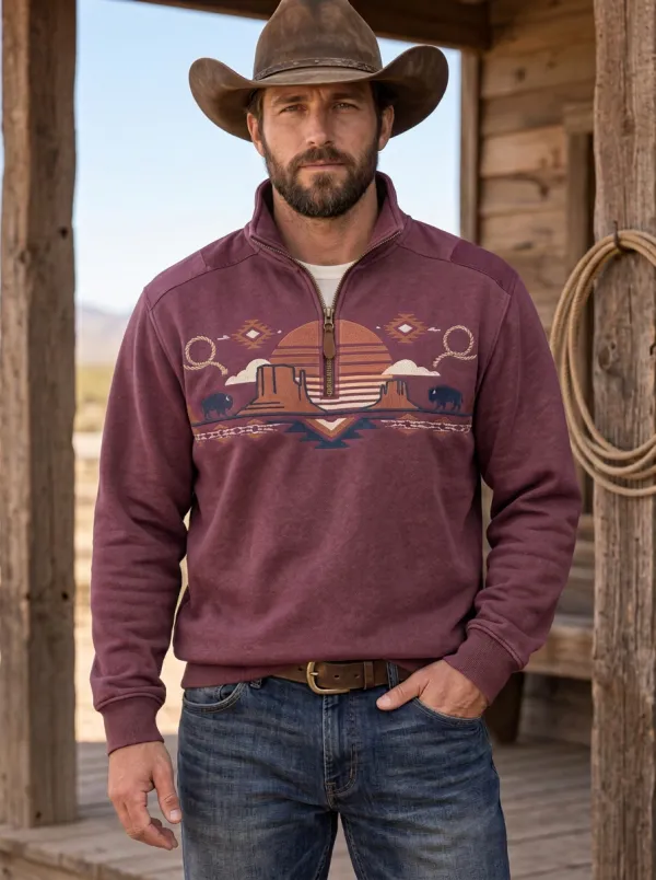 Men's Western Cowboy Sunset Sun Half-Zip Sweatshirt