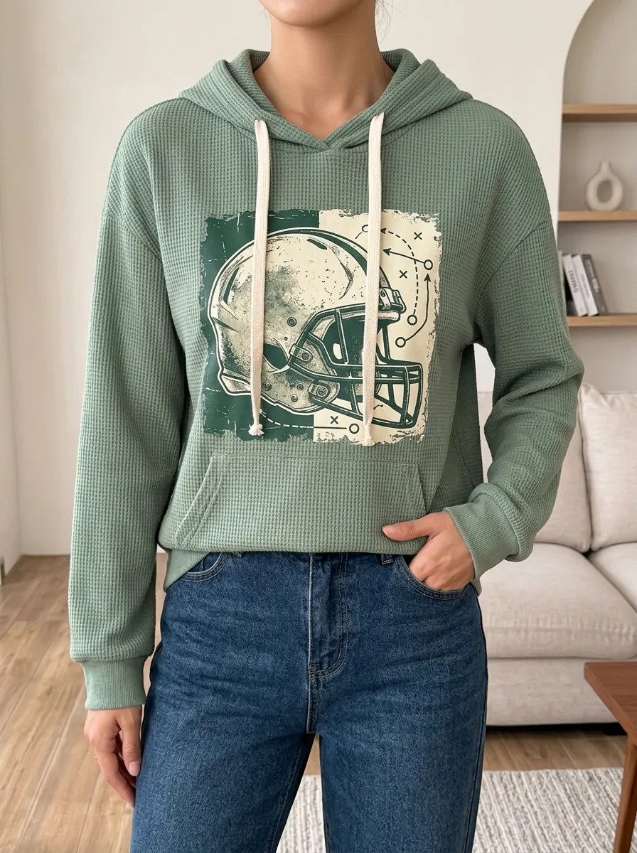 Women's Stadium Football Fan Helmet Playbook Printed Waffle Hoodie