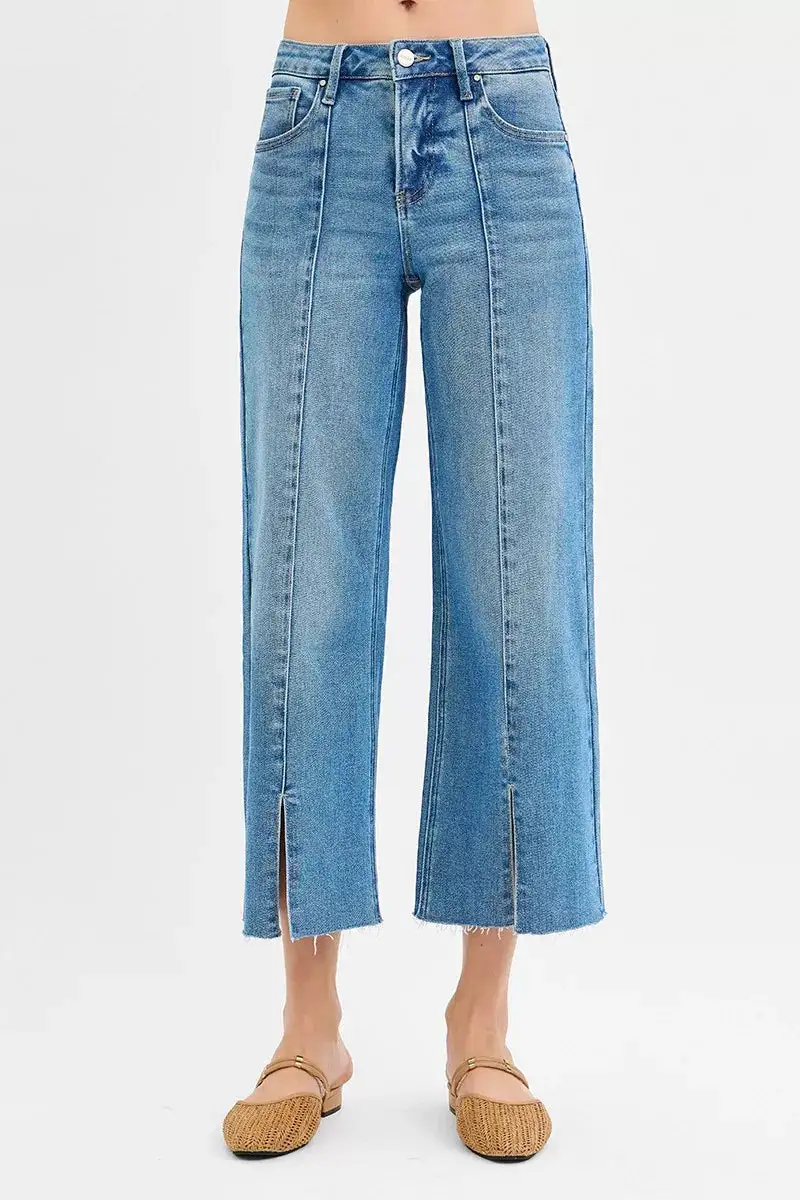 Tummy Control Mid Rise Crop Wide Front Slit Jeans