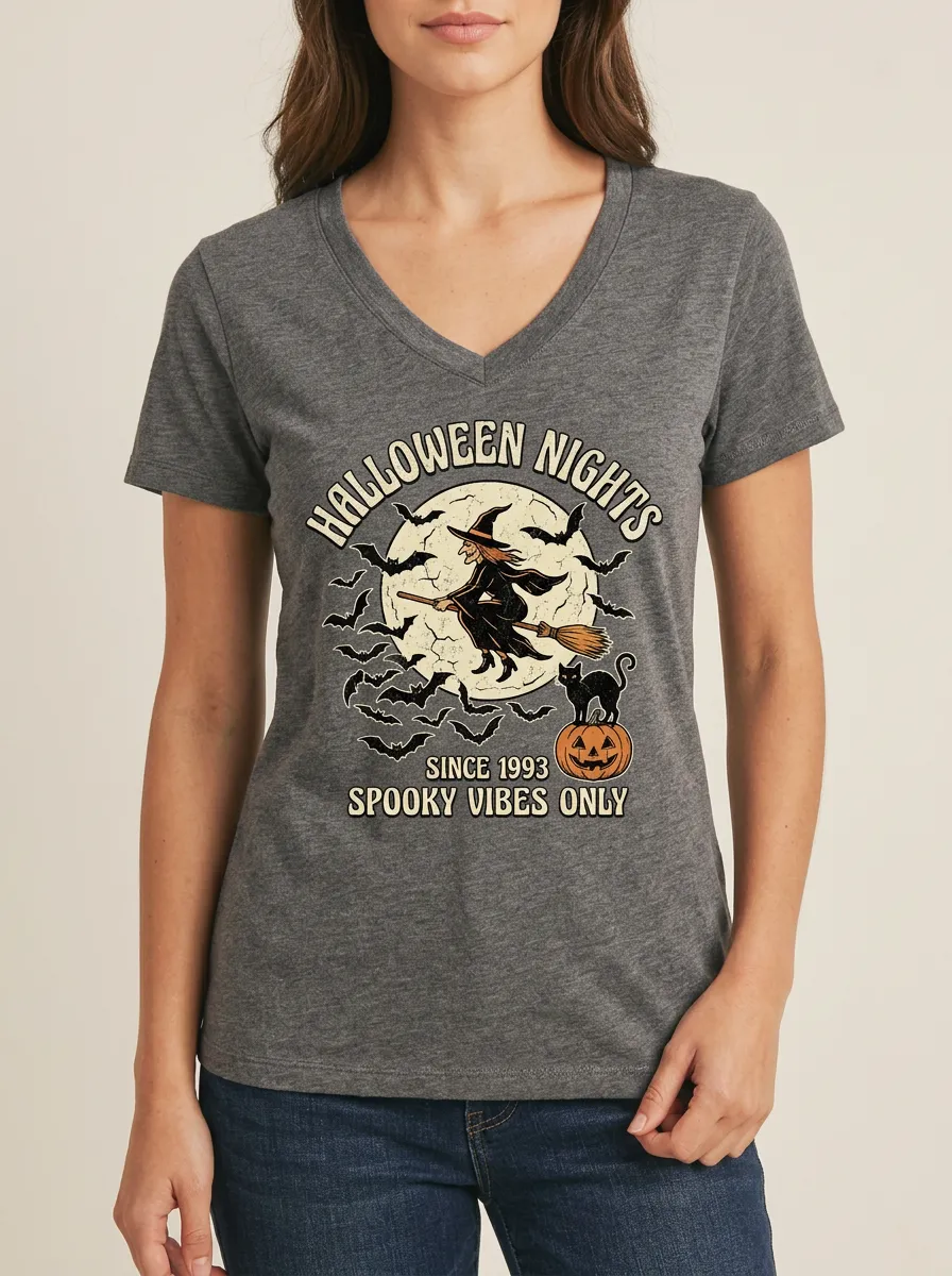 Women's Halloween Witch Moon Bat Pumpkin Printed V-neck T-shirt