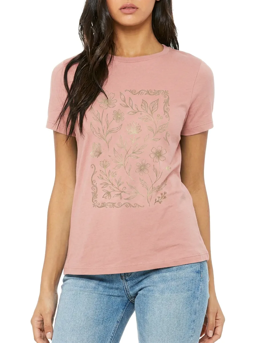 Women's Botanical Nature Lover Floral Butterfly Printed T-shirt