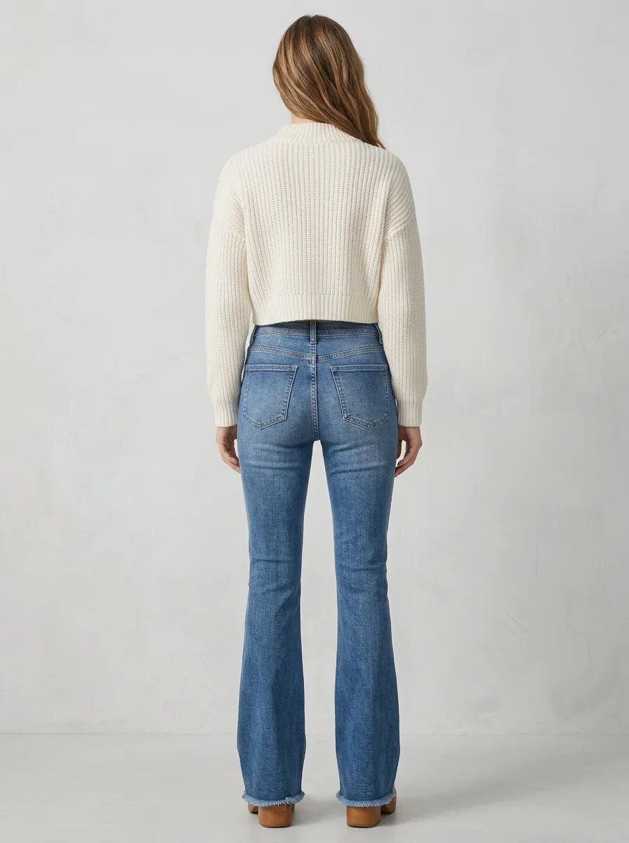 Women's Floral Embroidery Button Fly Printed Flare Jeans