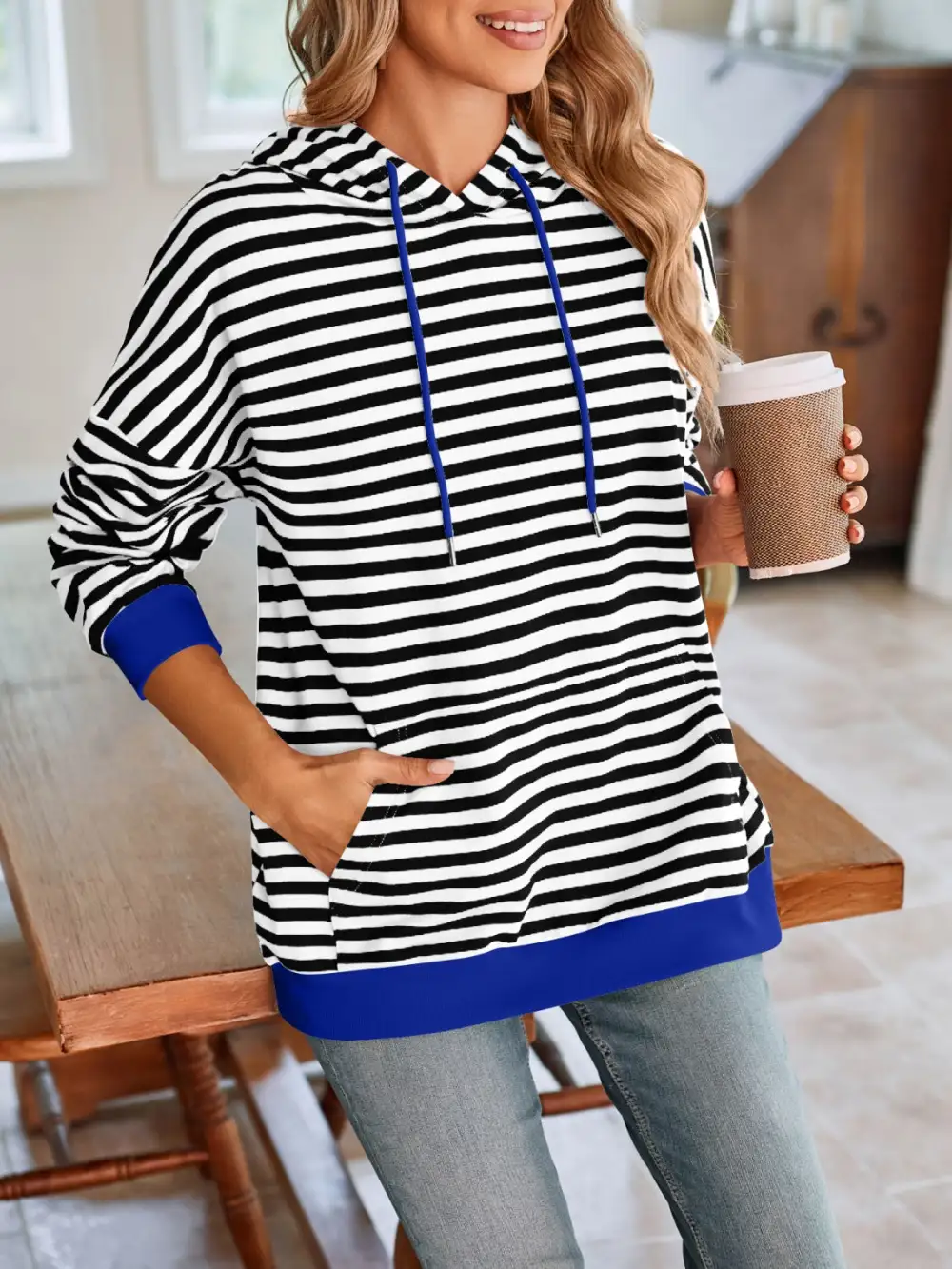 Drawstring Long-Sleeve Striped Hoodie