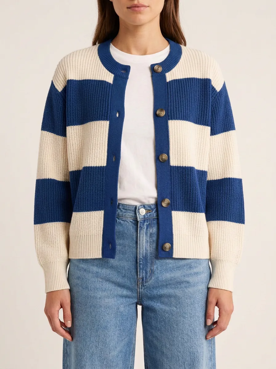 Traditional Distinctive Rugby Striped Knit Cardigan