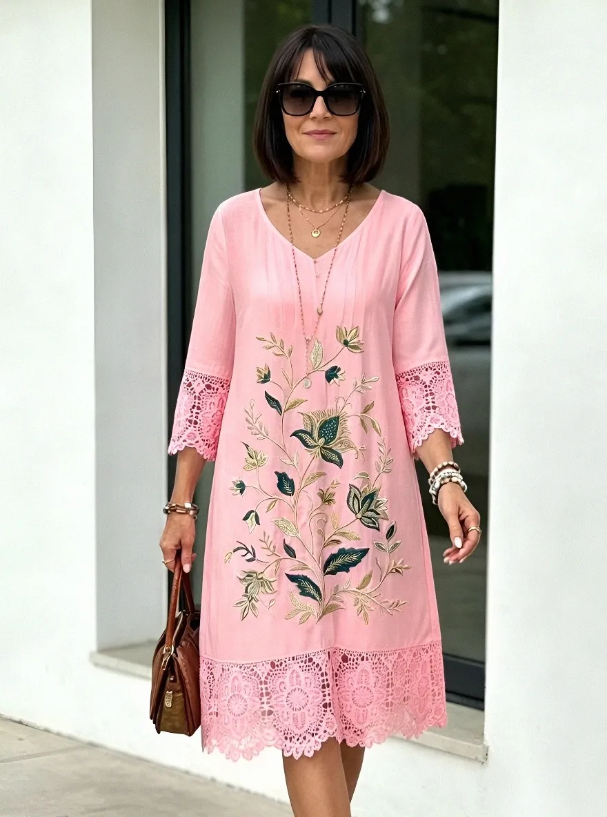 Women's Summer Vacation Floral Embroidery Lace Trim Printed Dress