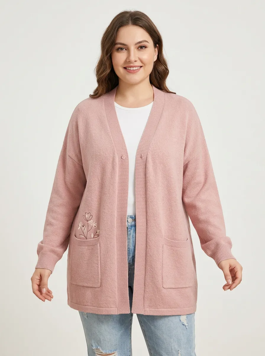 Women's Floral Embroidery Pink Knitted Cardigan