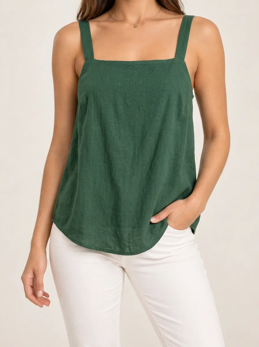 Women's Everyday Square Neck Wide Strap Button Front Linen Camisole Top